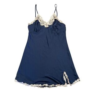 Navy Blue Satin Slip Dress Chemise Lace Trim Adjustable Straps Size Large EUC